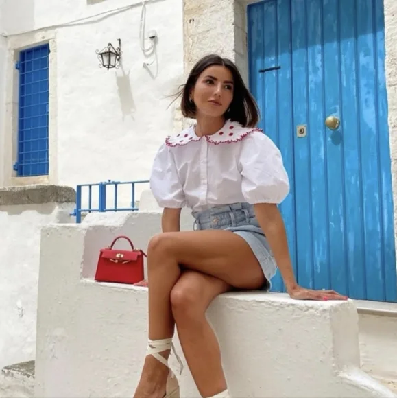 ZARA RED & WHITE EMBROIDERY PETER-PAN COLLAR POPLIN BLOUSE S,M NWT Puff sleeves - Picture 3 of 4